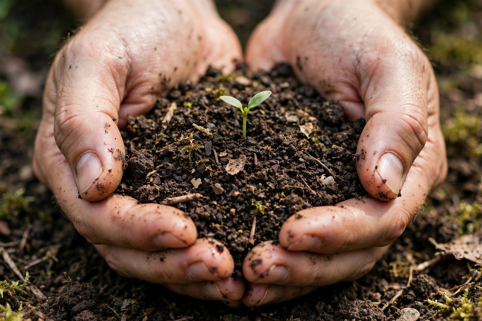 Mãos com solo fértil e muda — Terra Forte Agro